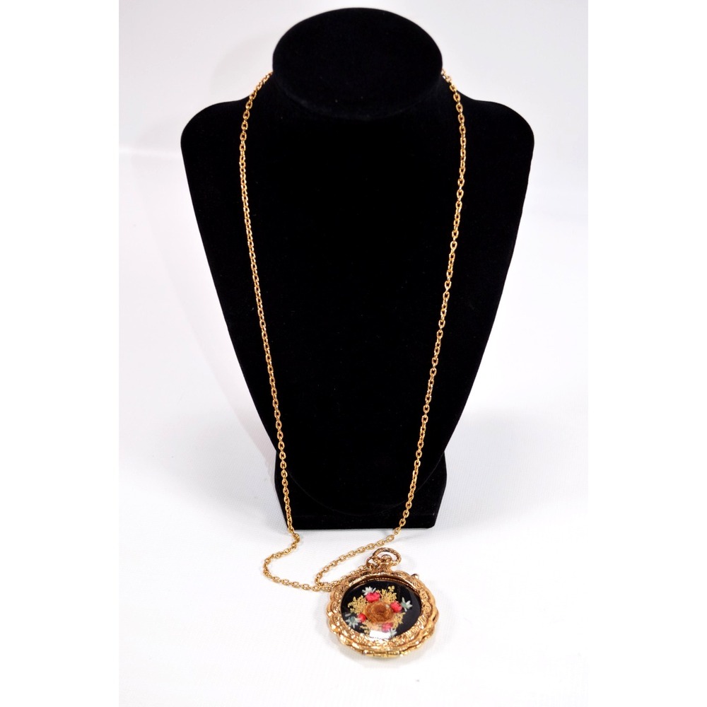 Vintage Gold Tone Compact Locket Pendant Faux Watch Necklace Style Dried Flowers